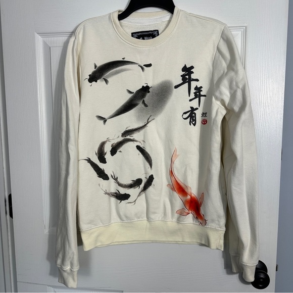 Blind Rooster size Sm. unisex koi pond pullover sweatshirt, wraparound graphics - Picture 1 of 10